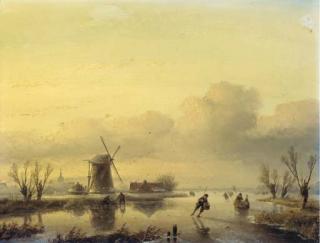 Jan Jacob Spohler - A winter landscape with figures on a frozen waterway