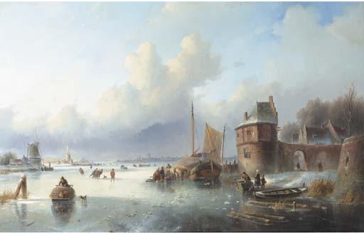 Jan Jacob Spohler - A winter landscape with numerous skaters on a frozen waterway, Dordrecht in the distance