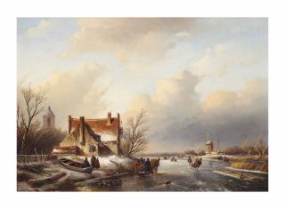 Jan Jacob Spohler - A winter landscape with skaters near a farmhouse