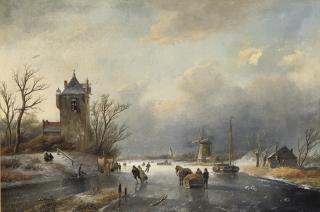 Jan Jacob Spohler - A winter landscape with skaters near a town