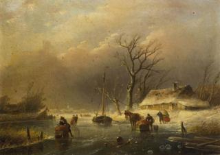 Jan Jacob Spohler - A winter landscape with skaters on a waterway