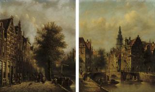 Jan Jacob Spohler - Before a bridge in Haarlem; and A busy street by a canal, Haarlem