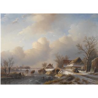 Jan Jacob Spohler - Dutch a Winter Landscape With Figures And A Horse Drawn Sleigh By A Refreshment Stall