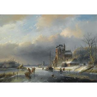 Jan Jacob Spohler - Dutch A Winter Landscape With Many Figures On A Frozen Waterway