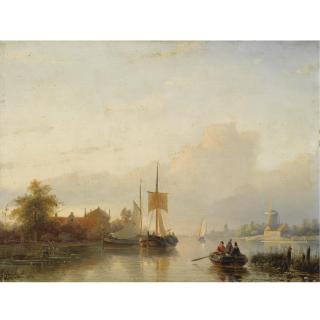 Jan Jacob Spohler - Dutch Figures In A Sunny River Landscape