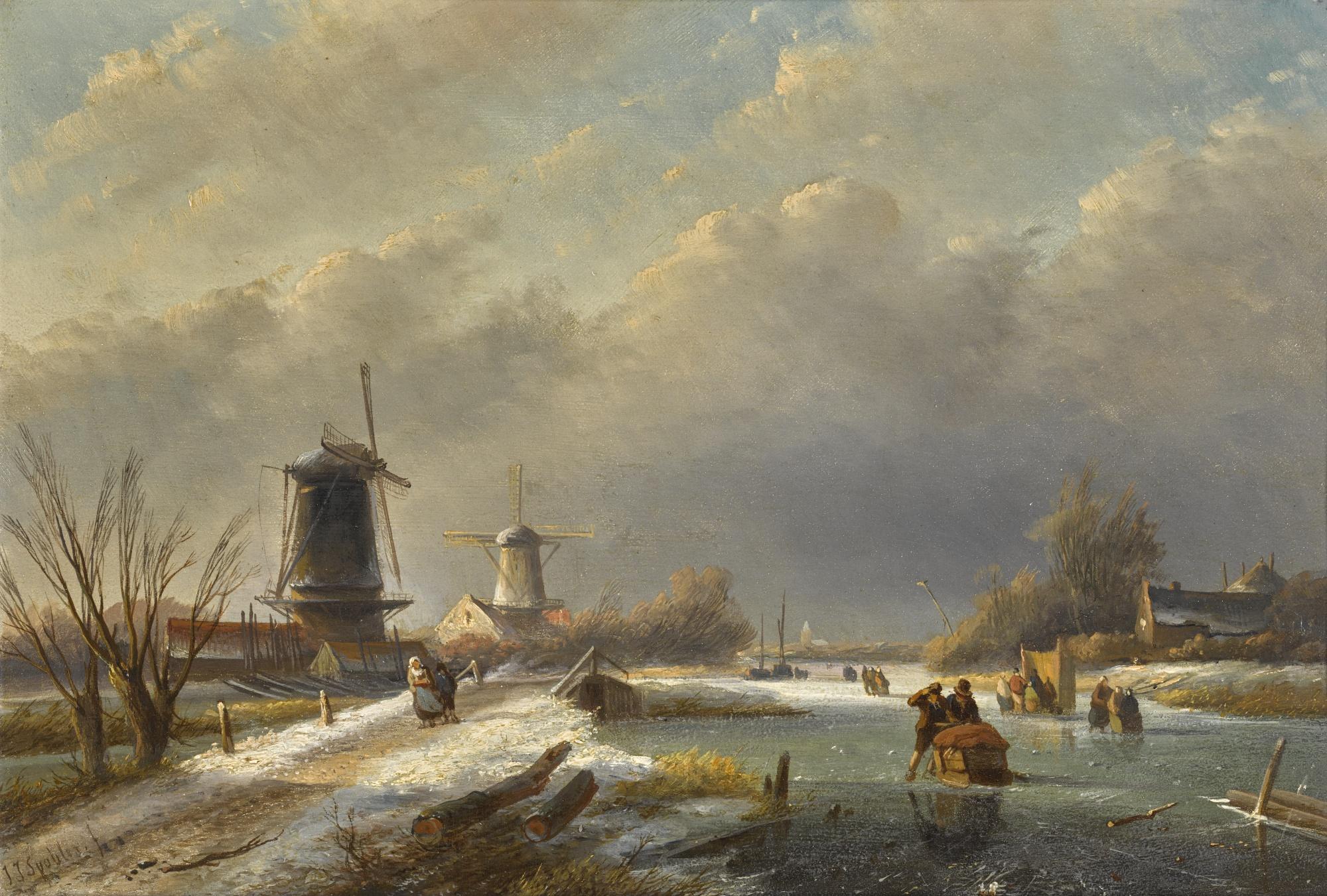 Jan Jacob Spohler - Dutch Winter Landscape With Windmills