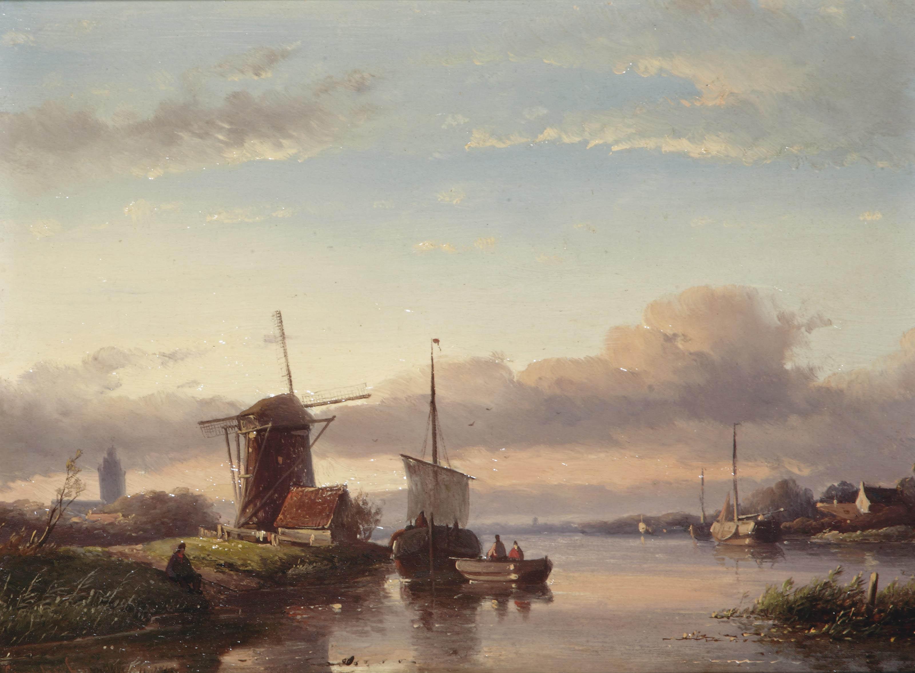 Jan Jacob Spohler - Sailing on calm waters, a town in the distance