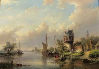 Jan Jacob Spohler - Sailing vessels on a river in summer