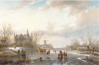 Jan Jacob Spohler - Skaters and figures by a koek en zopie on a sunny day, a castle nearby
