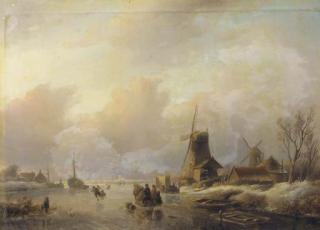 Jan Jacob Spohler - Skaters by a koek en zopie on a frozen waterway