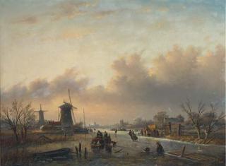 Jan Jacob Spohler - Skaters On A Dutch Waterway Before Windmills At Dusk