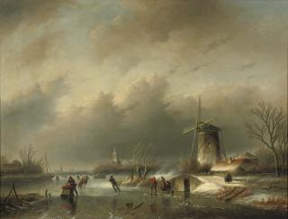 Jan Jacob Spohler - Skaters on the ice near a windmill