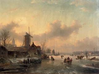 Jan Jacob Spohler - Winterfun: numerous skaters on a frozen waterway