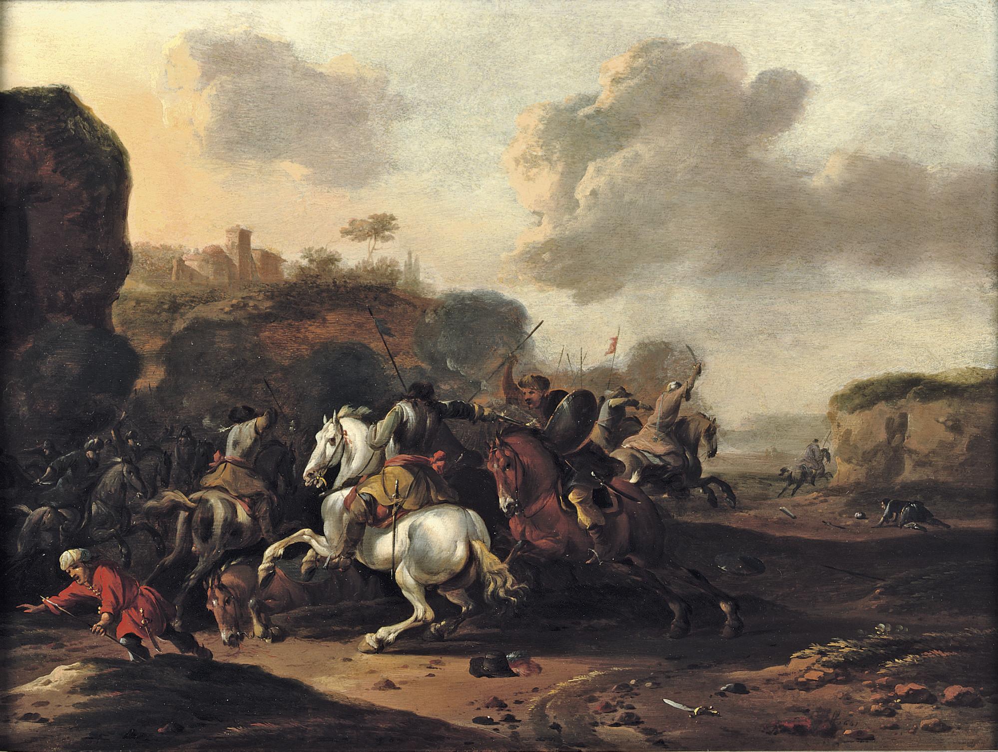 Jan Jacobsz. Van Der Stoffe - A cavalry skirmish in a rocky Italianate landscape