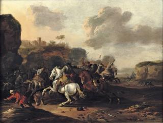 Jan Jacobsz. Van Der Stoffe - A cavalry skirmish in a rocky Italianate landscape