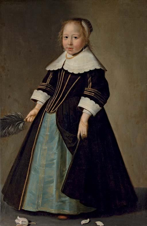 Jan Jansz. de Stomme - Portrait of a girl, full-length, in a blue and black dress with gold trimming, with white lace collar and sleeves, holding an ostrich feather fan