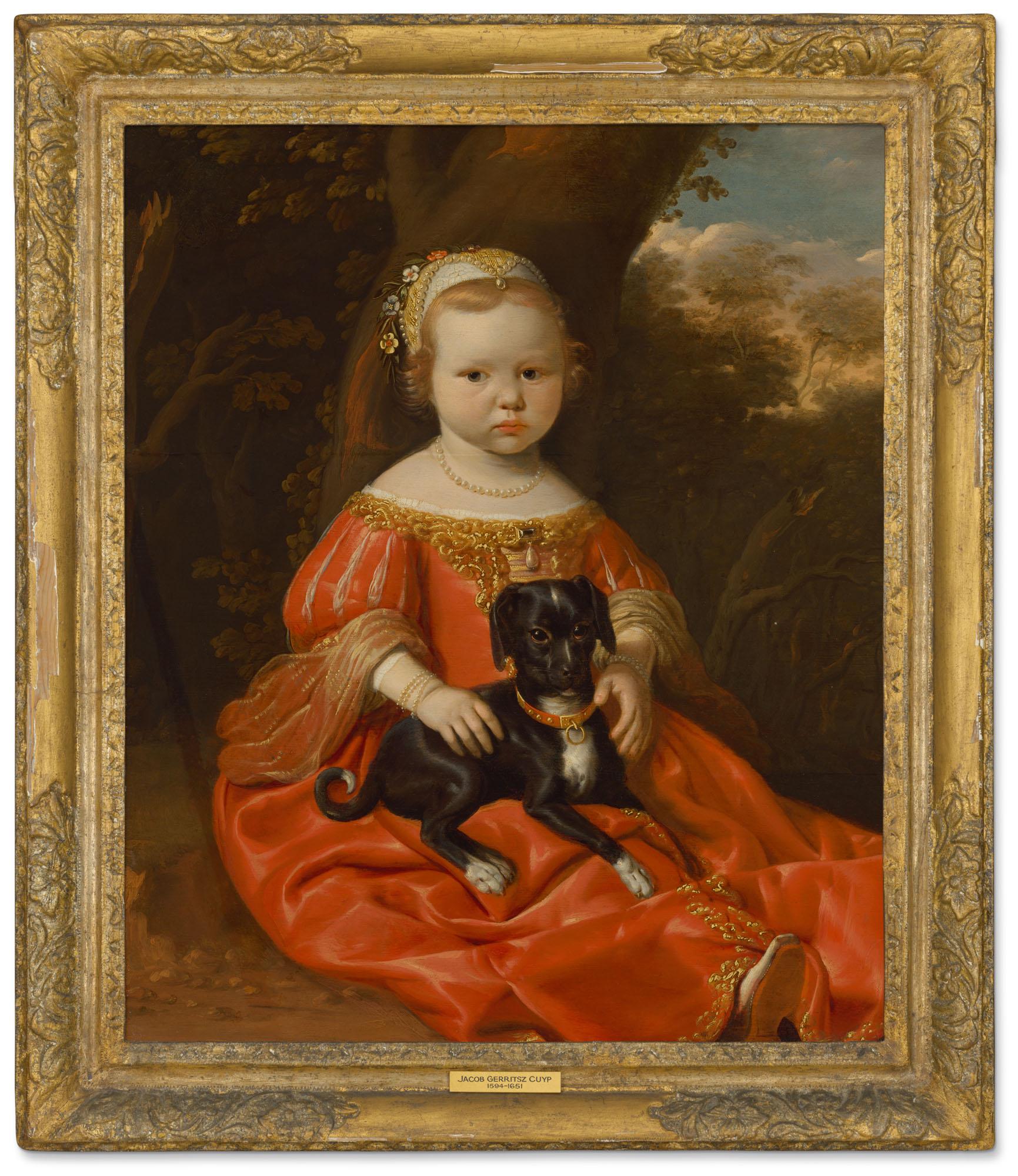 Jan Jansz. De Stomme - Portrait of a young girl in a red dress with her dog in a landscape