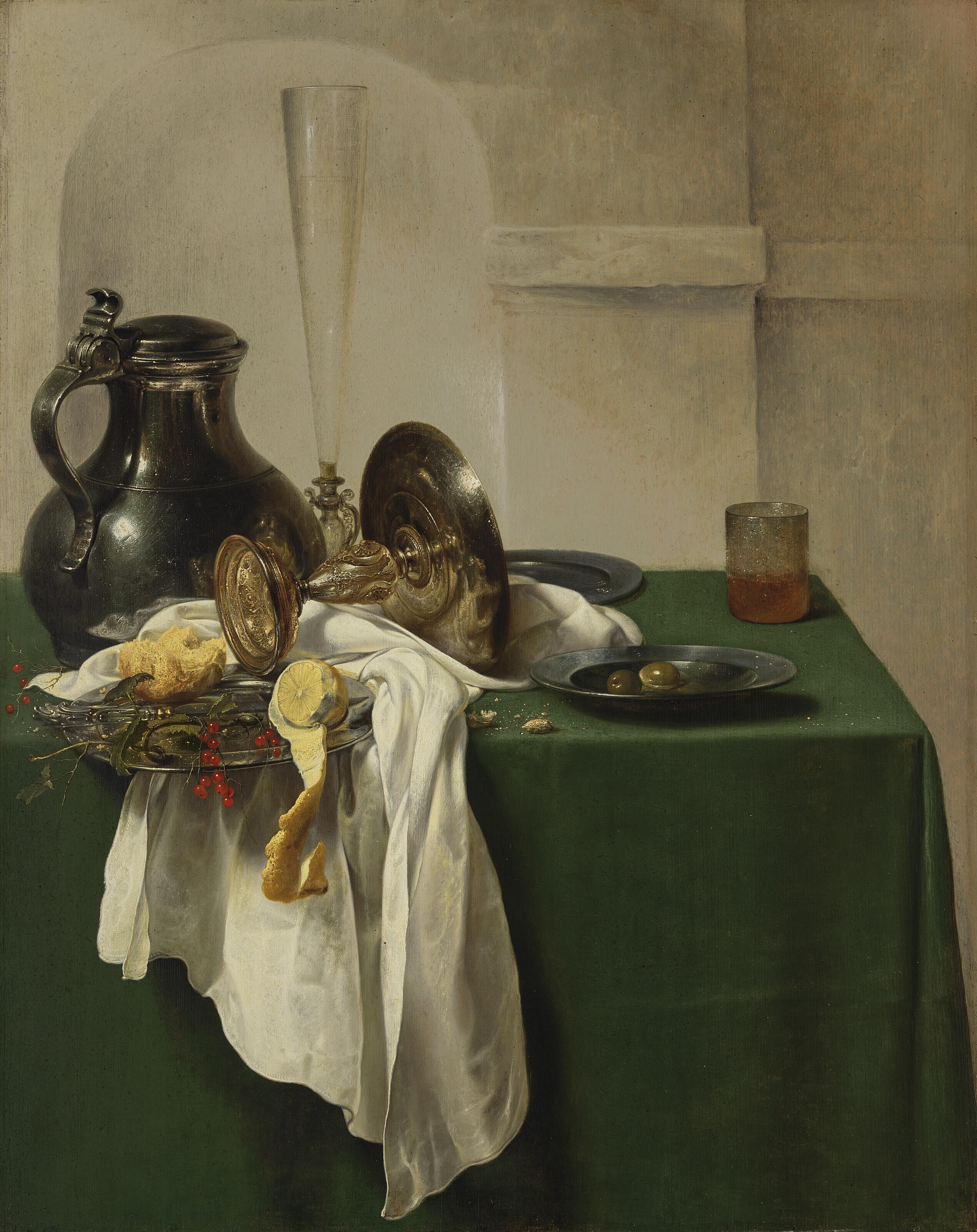 Jan Jansz. Den Uyl I - Pewter jug and silver tazza on a table