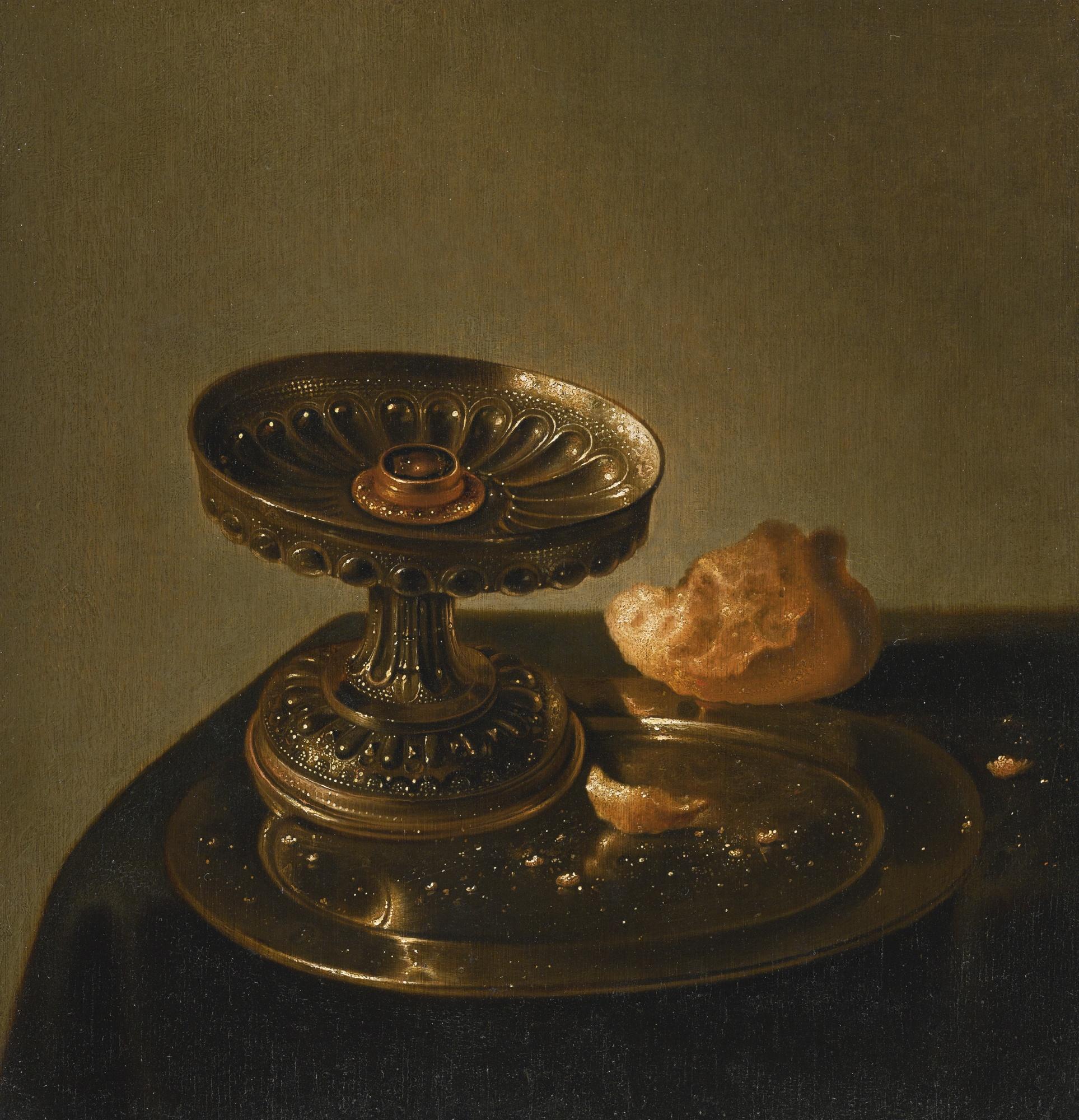 Jan Jansz. Den Uyl The Elder - A Still Life Of A Silver Tazza And A Bread Roll On A Pewter Plate