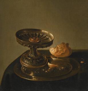 Jan Jansz. Den Uyl The Elder - A Still Life Of A Silver Tazza And A Bread Roll On A Pewter Plate
