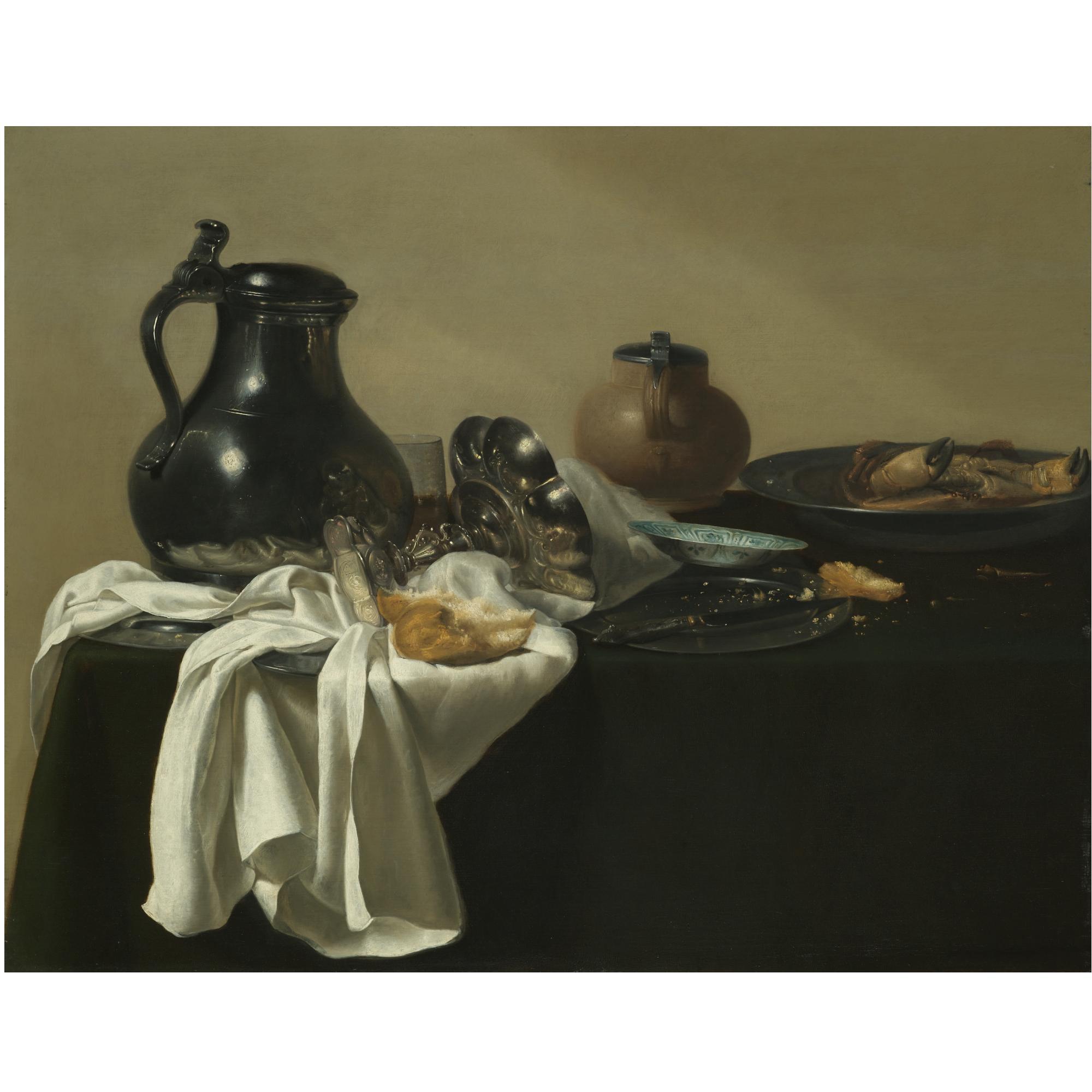 Jan Jansz. den Uyl the Elder - Still Life With A Pewter Jug, A Tazza On Its Side, A Bread Roll, A Crab In A Pewter Dish And Other Objects On A Table Draped In A Green Cloth