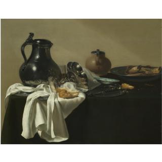 Jan Jansz. den Uyl the Elder - Still Life With A Pewter Jug, A Tazza On Its Side, A Bread Roll, A Crab In A Pewter Dish And Other Objects On A Table Draped In A Green Cloth