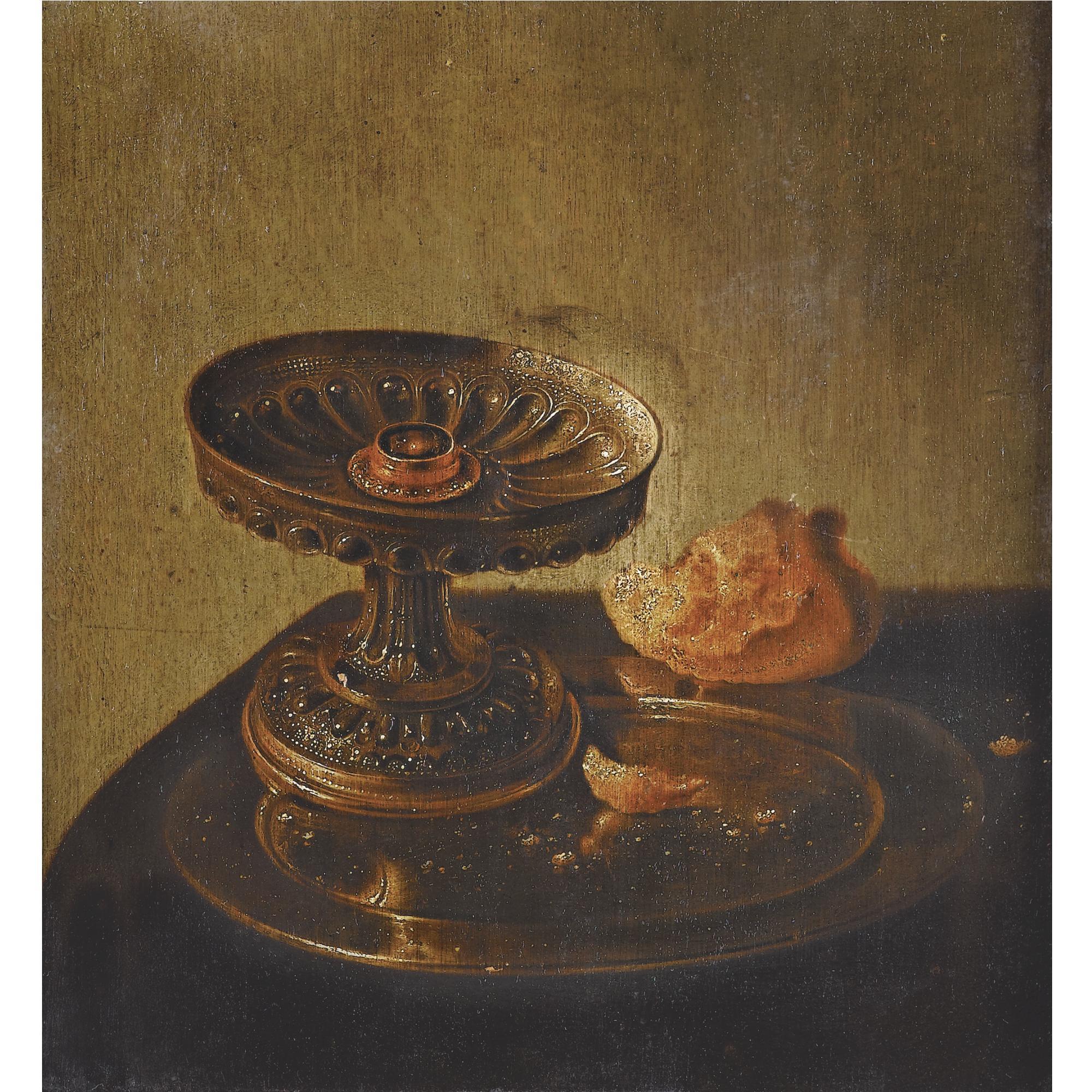 Jan Jansz. den Uyl the Elder - Still Life With A Tazza And Bread Roll On A Pewter Plate On A Draped Ledge