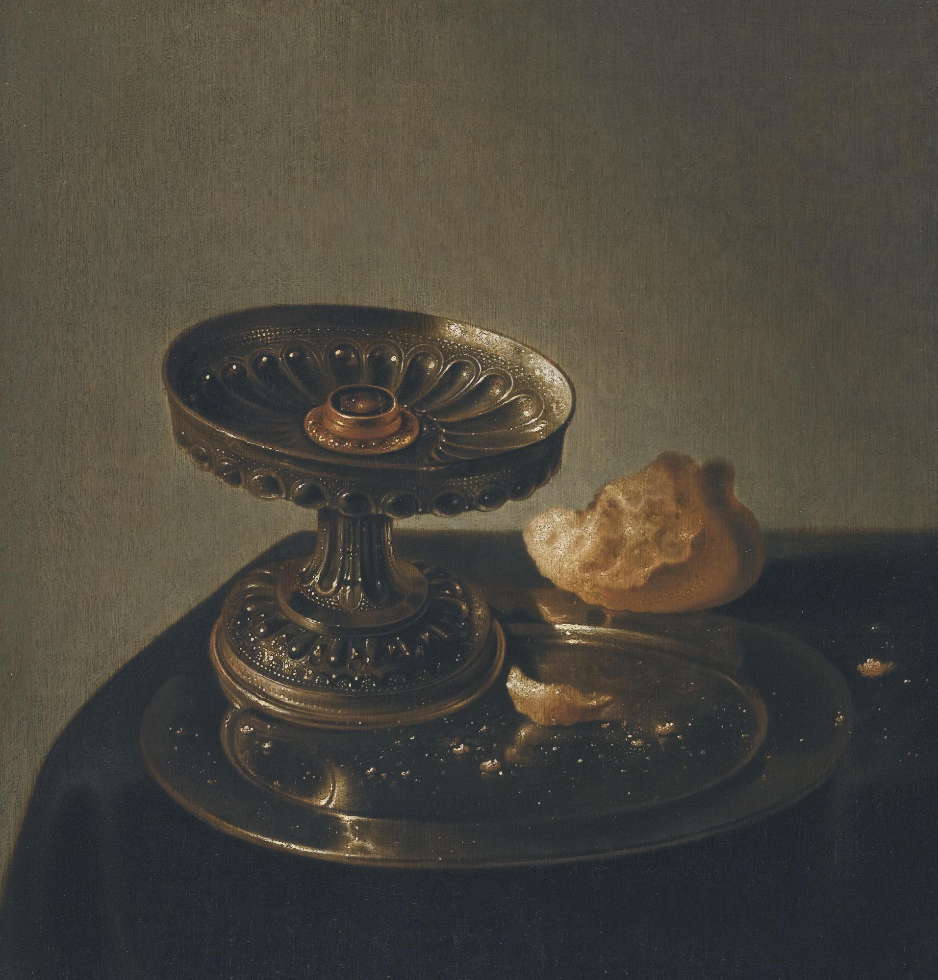 Jan Jansz. Den Uyl The Elder - Still Life With A Tazza And Bread Roll On A Pewter Plate On A Draped Ledge