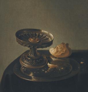 Jan Jansz. Den Uyl The Elder - Still Life With A Tazza And Bread Roll On A Pewter Plate On A Draped Ledge