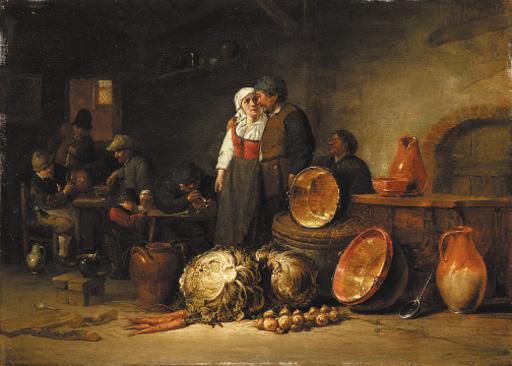 Jan Jansz. van Buesem - A couple standing by pots and pans in a stable, boors smoking and drinking at tables beyond