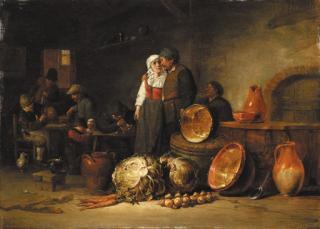 Jan Jansz. van Buesem - A couple standing by pots and pans in a stable, boors smoking and drinking at tables beyond