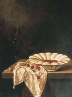Jan Jansz. van de Velde - Wild strawberries in a glazed earthenware bowl with a façon de Venise of red wine, a pink rose and cherries on a partially draped wooden ledge