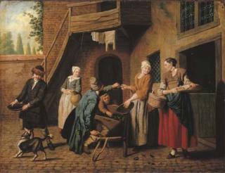 Jan Josef Horemans I - A courtyard in a town with a mussel seller and other figures