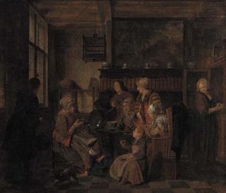 Jan Josef Horemans I - A family drinking tea at table in an interior