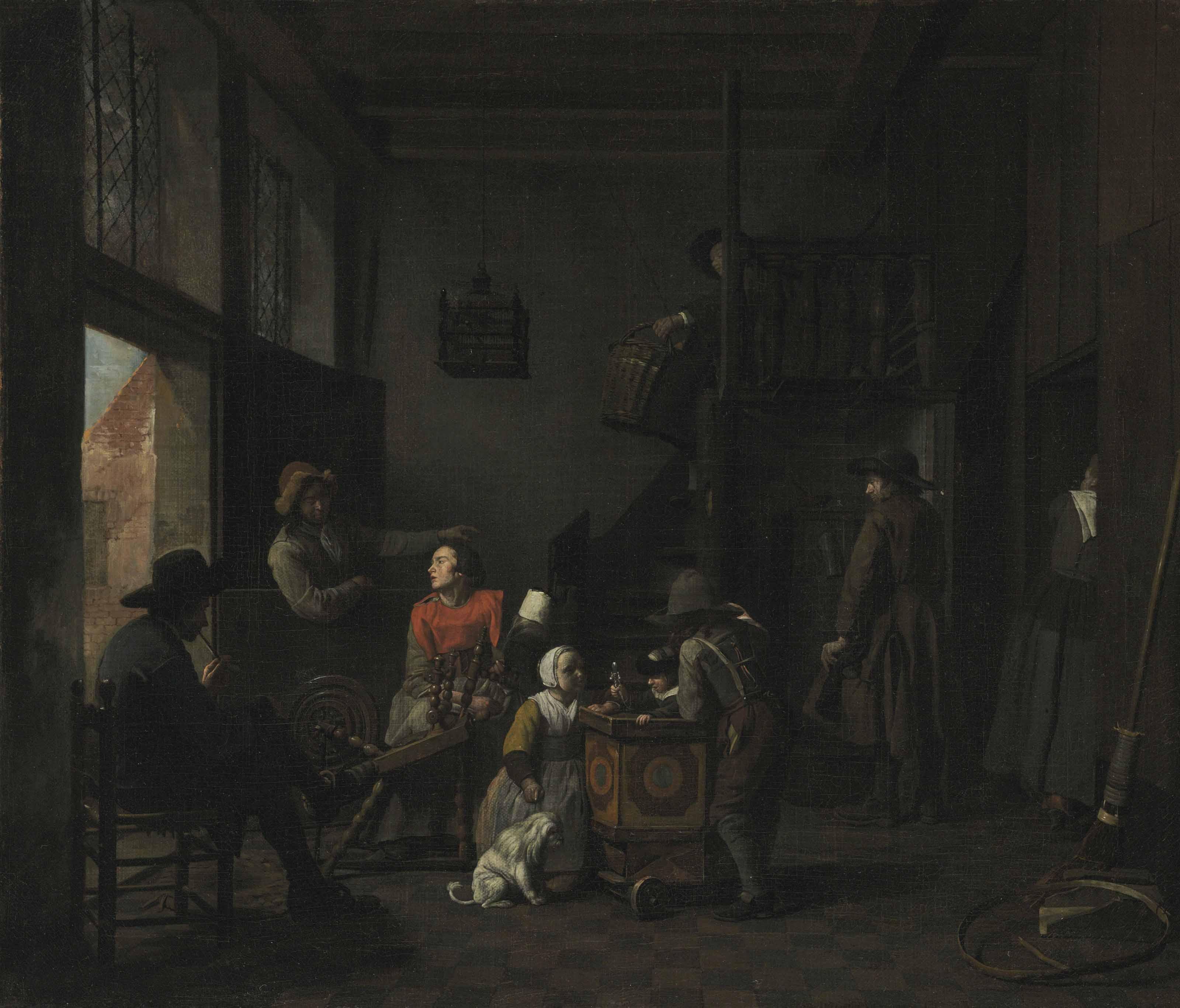Jan Josef Horemans I - An interior with a woman at her spinning wheel, a child with a rattle, and other figures