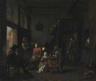 Jan Josef Horemans I - An interior with a woman at her spinning wheel, a child with a rattle, and other figures
