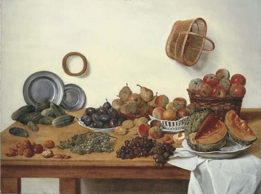 Jan Josef Horemans II - A Sliced Melon, Apples, Pears, Plums, Gherkins By Two Pewter Plates, With Nuts And Black And White Grapes By A White Cloth On A Table With A Wicker Basket Hanging From A Wall