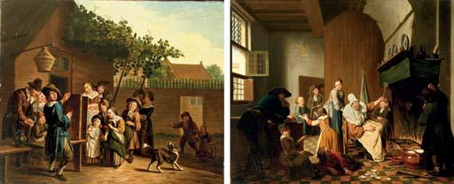 Jan Josef Horemans II - A village scene with a puppeteer; and A domestic interior with a boy being scolded for breaking a plate