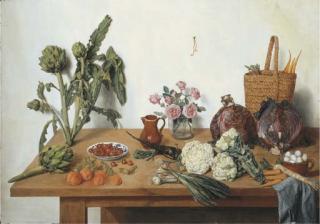 Jan Josef Horemans II - Cauliflower, onions, peaches, cherries, artichokes, roses in a glass vase, a jug, a basket with carrots, cabbages and eggs with a blue cloth on a table