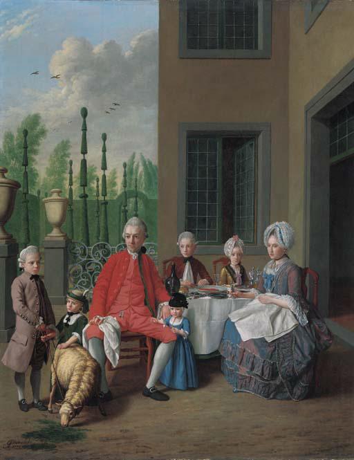 Jan Josef Horemans II - Group portrait of the van den Bosch family, dining by a house, a topiary garden beyond