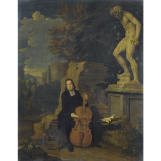 Jan Josef Horemans The Elder - A Musician Playing The Violoncello In A Landscape With Classical Statuary And Ruins