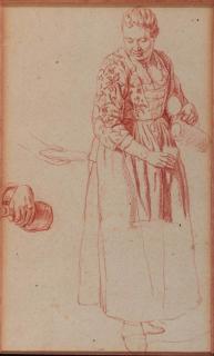 Jan Josef Horemans The Elder - A woman pouring a glass from a pitcher, and subsidiary studies of her hands holding a plate and a bottle