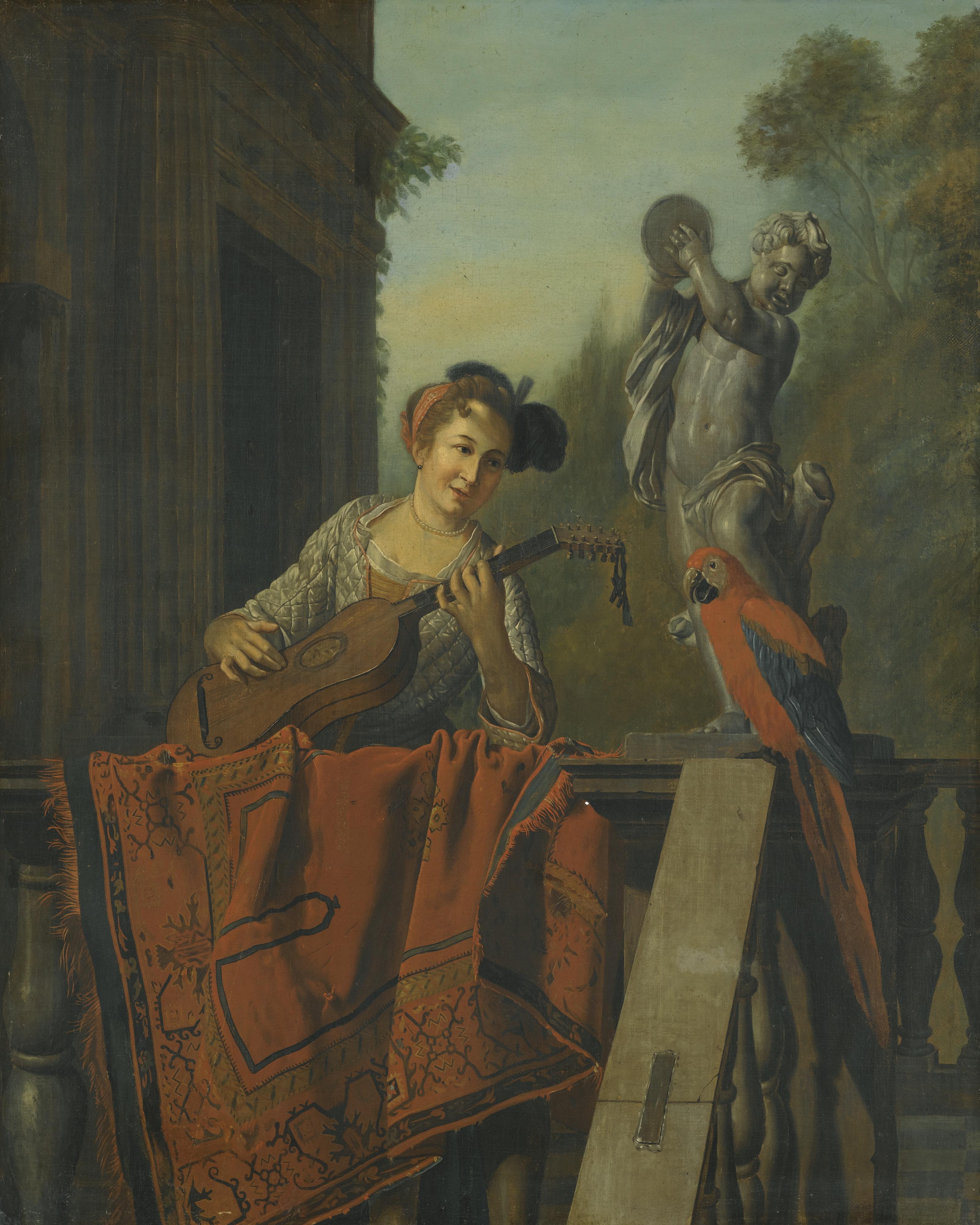 Jan Josef Horemans The Elder - An Elegant Turkish Gentleman At A Balustrade; An Elegant Figure Playing A Guitar At A Balustrade With A Macaw