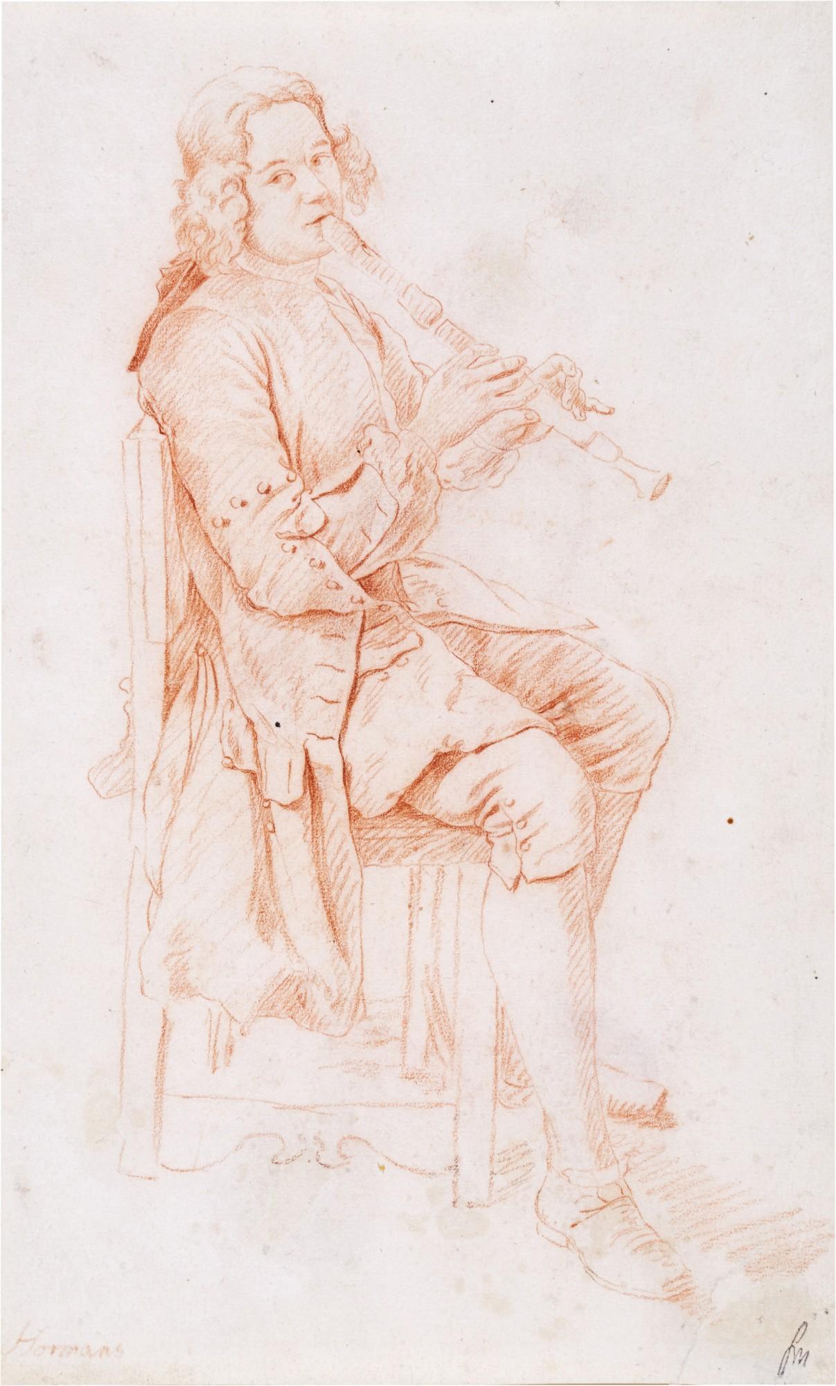 Jan Josef Horemans the Younger - Recto: Study of a man, seated, playing the recorder Verso: Study of a young woman, seated, in profile and a study of a man playing the horn