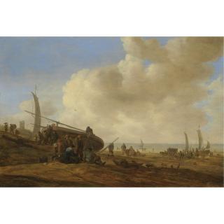 Jan Josefsz. van Goyen - A Beach Scene, Possibly At Egmond-Aan-Zee, With Figures Pushing Off An Unrigged Fishing Pink