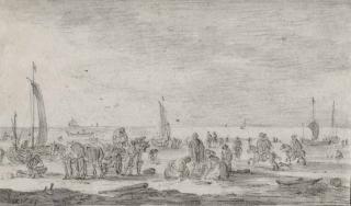 Jan Josefsz. van Goyen - A beach scene, with peasants on the shore and boats in the background