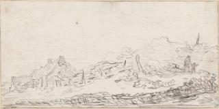 Jan Josefsz. Van Goyen - A dune landscape with a cottage to the left and a man and child to the right