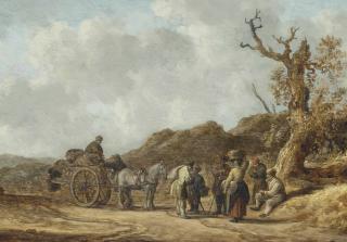 Jan Josefsz. Van Goyen - A Dune Landscape With Figures On A Horse-Drawn Cart And Others Conversing On A Path