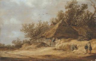 Jan Josefsz. Van Goyen - A dune landscape with peasants conversing by a farm and others standing by a dead boar on a sandy road