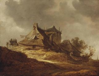 Jan Josefsz. Van Goyen - A Dune Landscape With Travellers Near An Inn, A Church In The Distance